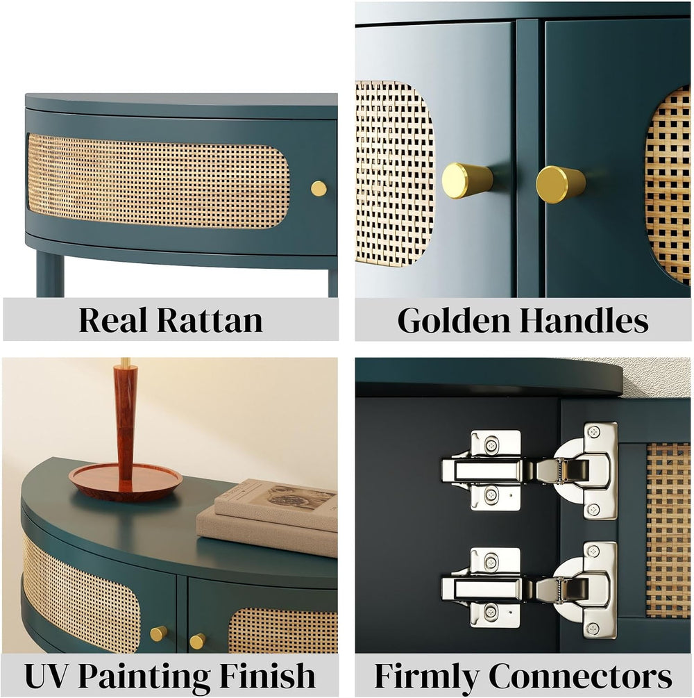 Unique Half Moon Console Table with Rattan Doors, 31.5" Rattan End Table...
