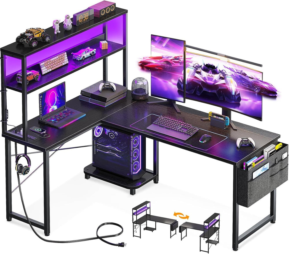 AODK L Shaped Desk Gaming Desk with LED Light & Power Outlet | 53 Inch Bl...