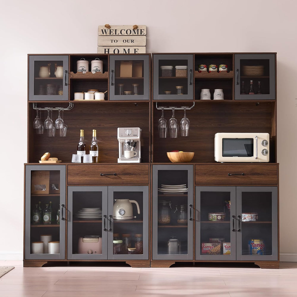 Fatmok 71" Tall Pantry Cabinet with Glass Doors, Kitchen Hutch Storage C...