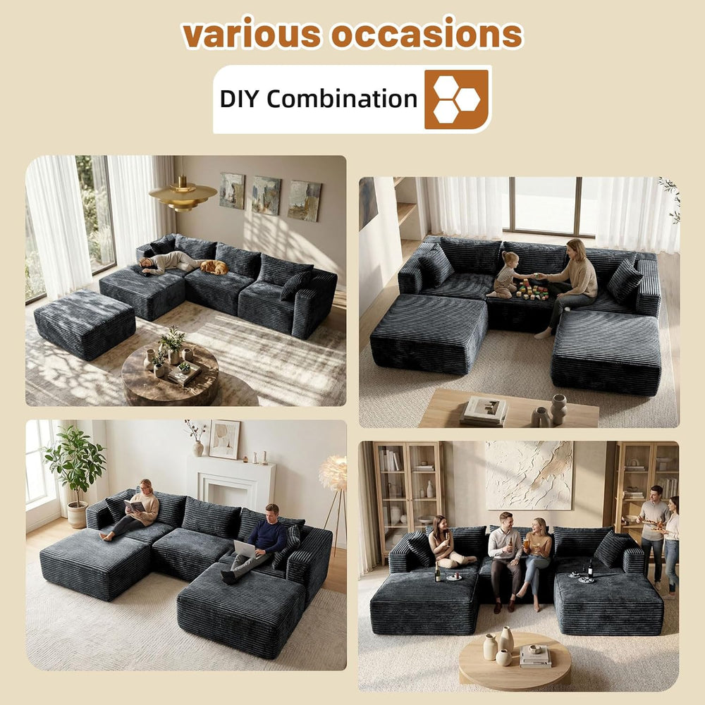 110 Modular Sectional Sofa with 2 Ottomans, Corduroy U-Shaped Modular Section...