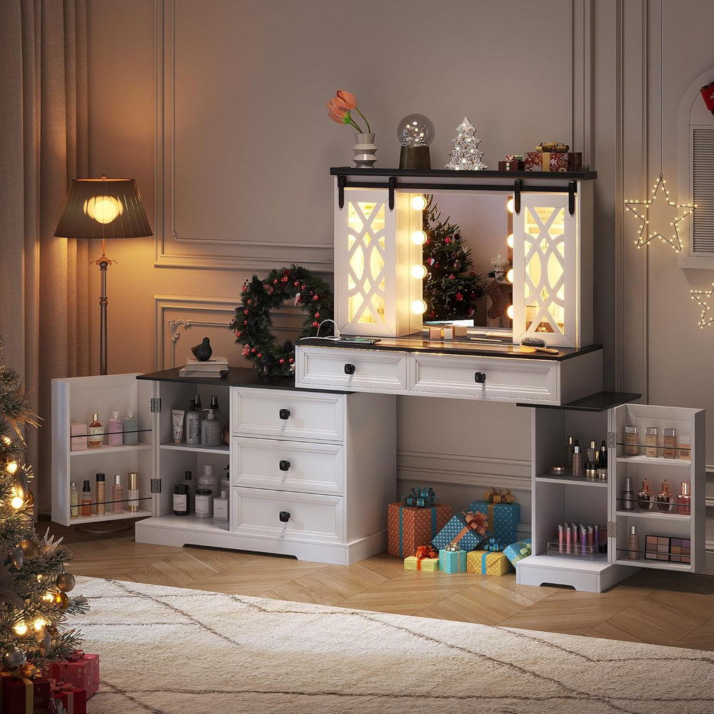 TAGELIER Farmhouse Large Makeup Vanity with Mirror & Lights | Vanity Desk...
