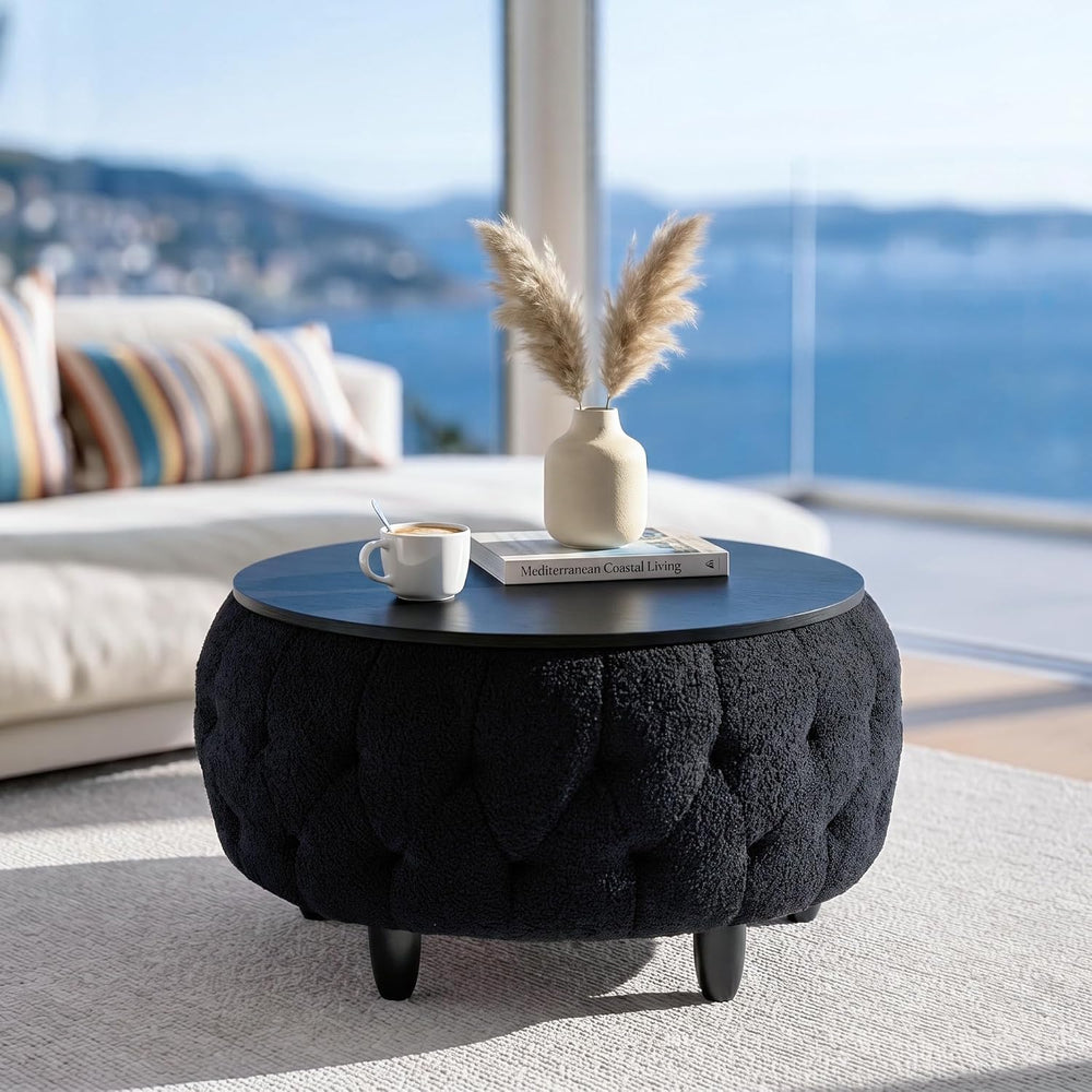Large Round Storage Ottoman Coffee Table with Wooden Tabletop, 32 Inches Tedd...