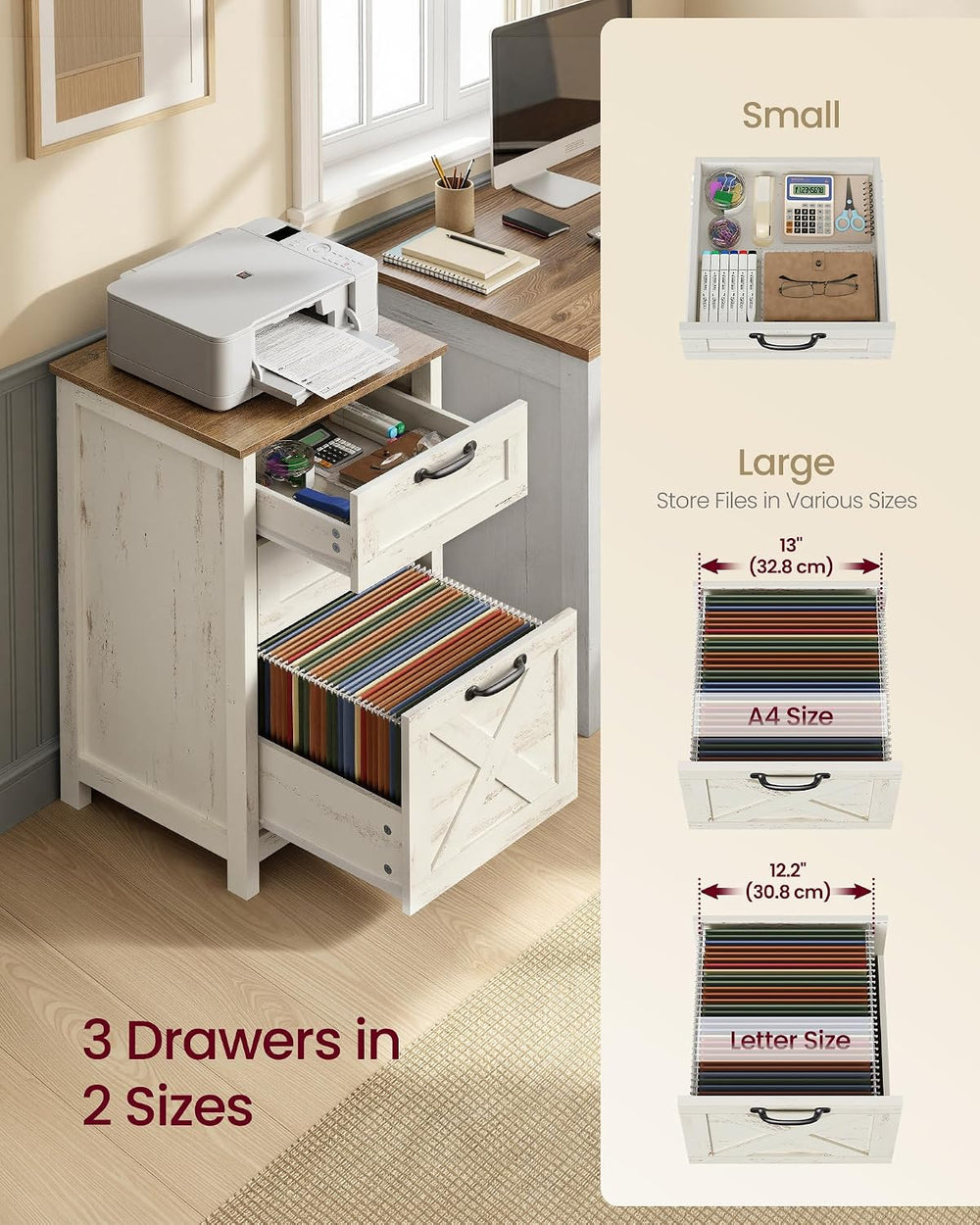 VASAGLE File Cabinet, 3-Drawer Filing Cabinet for Home Office | Modern Farmho...