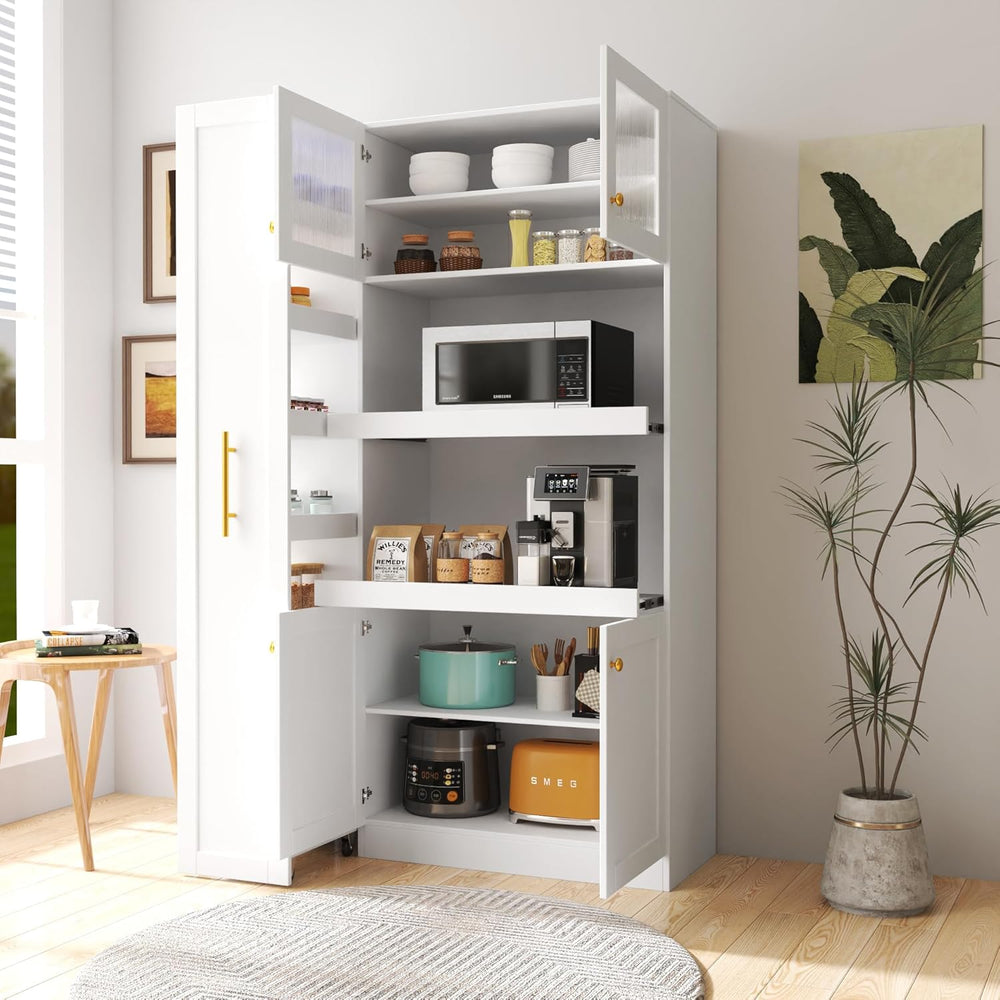 LUMISOL Farmhouse Kitchen Pantry Cabinet with Pull-Out Multi-ttier Storage Sh...