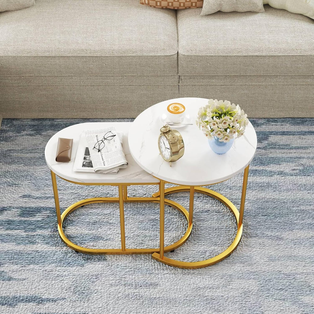 Multigot Nesting Tables Set of 2, Stacking End Side Table, Marble Accent Snac...