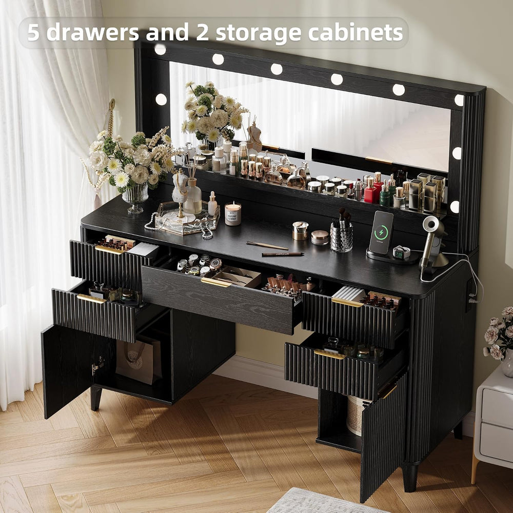 Fluted Makeup Vanity Desk with Large 39.3" Mirror and Lights, 48.8"...
