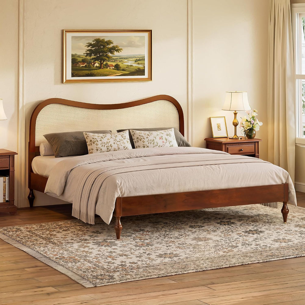 King Size Boho Platform Bed Frame with Curved Rattan Headboard
