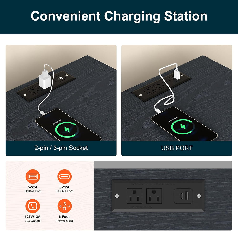 RoyalCraft Black Nightstand with Charging Station, End Table with Storage | M...