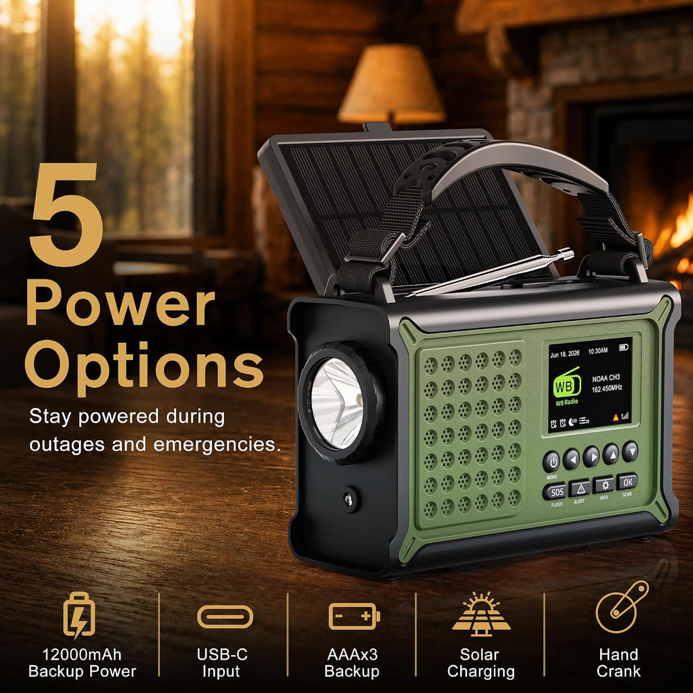 Emergency Weather Radio with S.A.M.E. Alerts, Solar, Hand Crank & 12000mAh