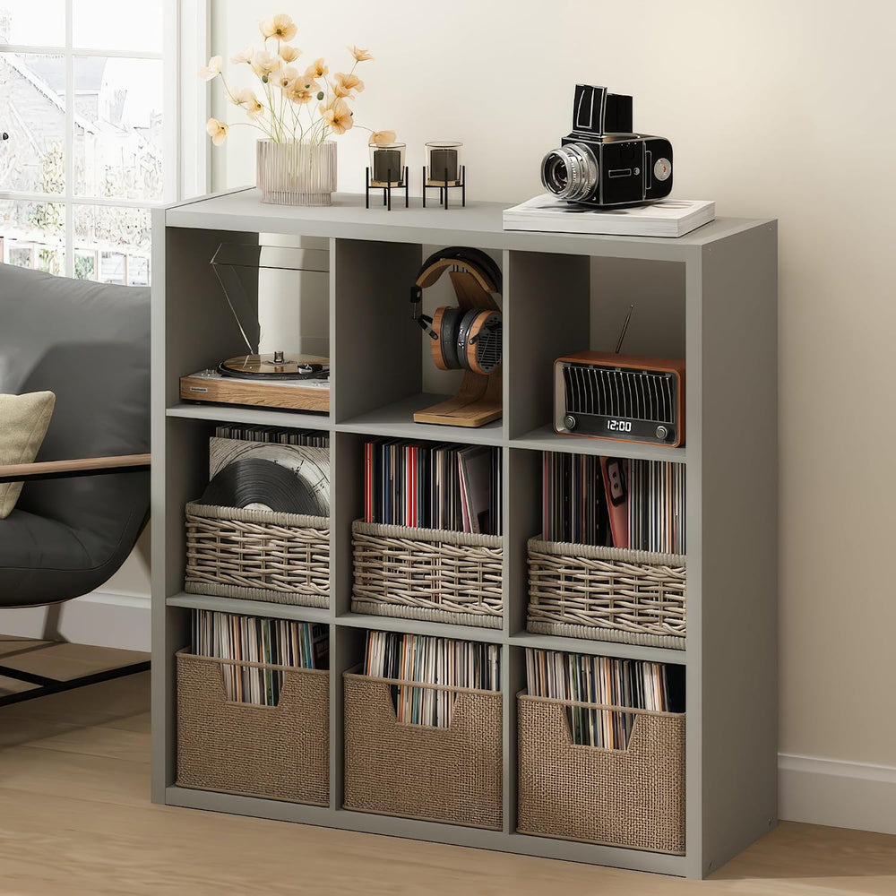 Furinno Cubicle Record Player Stand, 9-Cube Record Storage, Light Grey