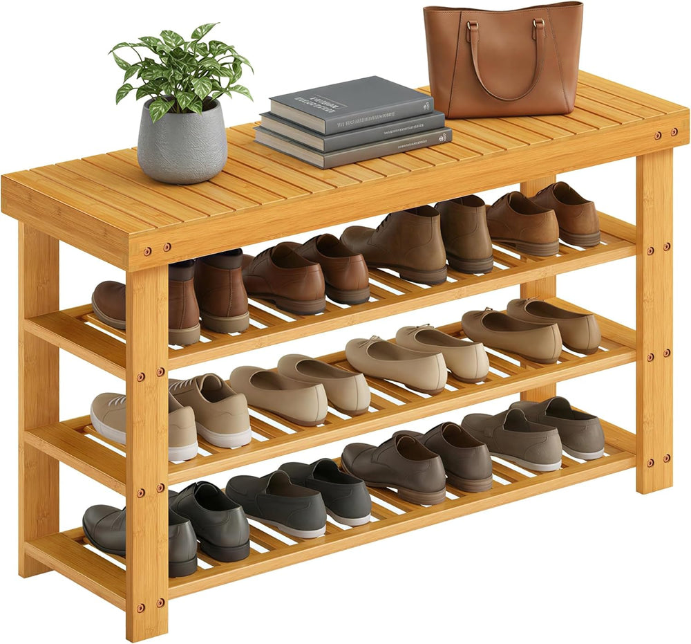 SONGMICS Shoe Rack Bench, 4 Tier Bamboo Shoe Storage Organizer, Entryway Benc...