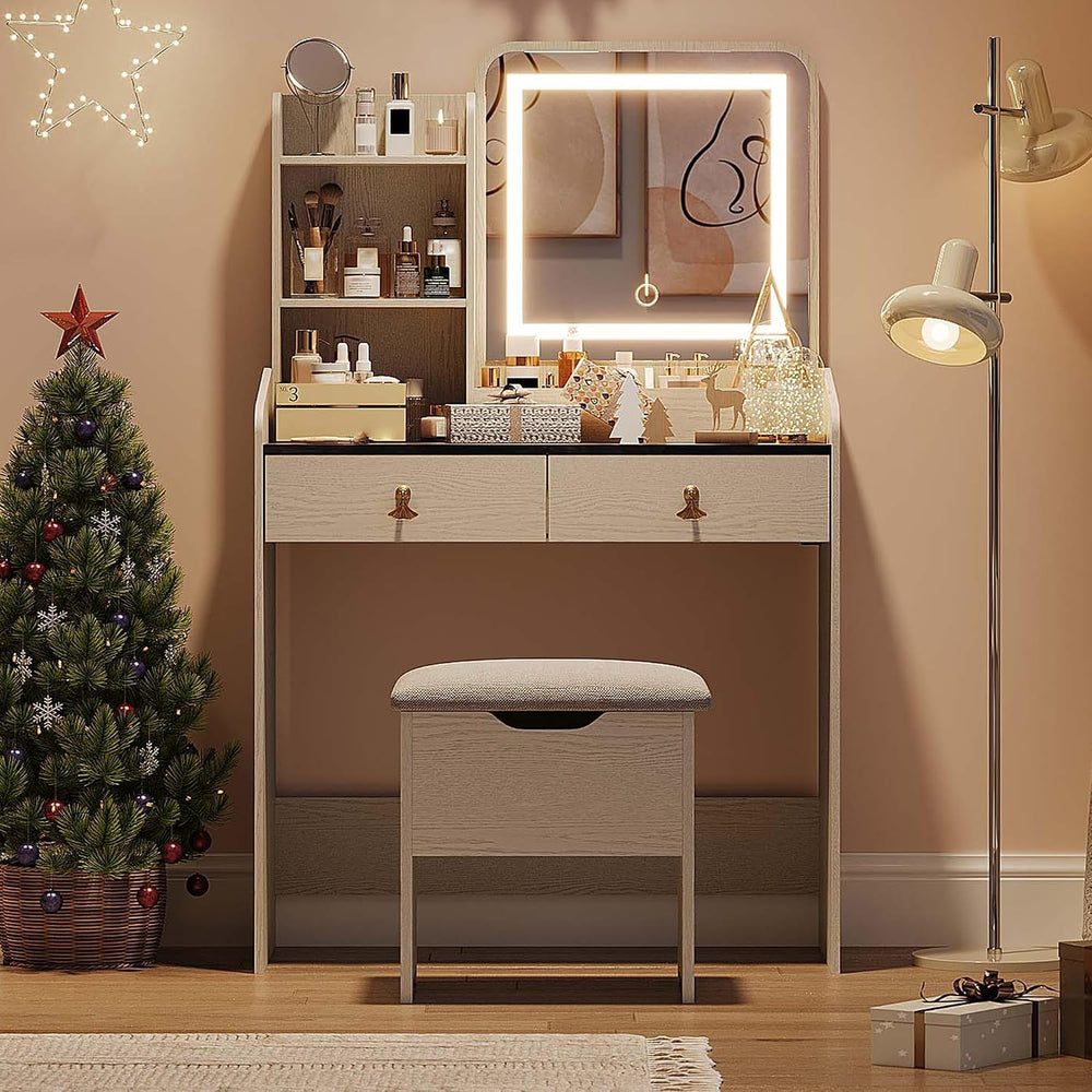GarveeHome Vanity Desk with LED Light Mirror and Charging Station, Small Make...