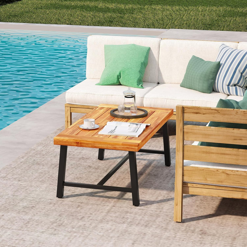 HAPPYGRILL Acacia Wood Patio Coffee Table, Outdoor Rectangular Center Table w...