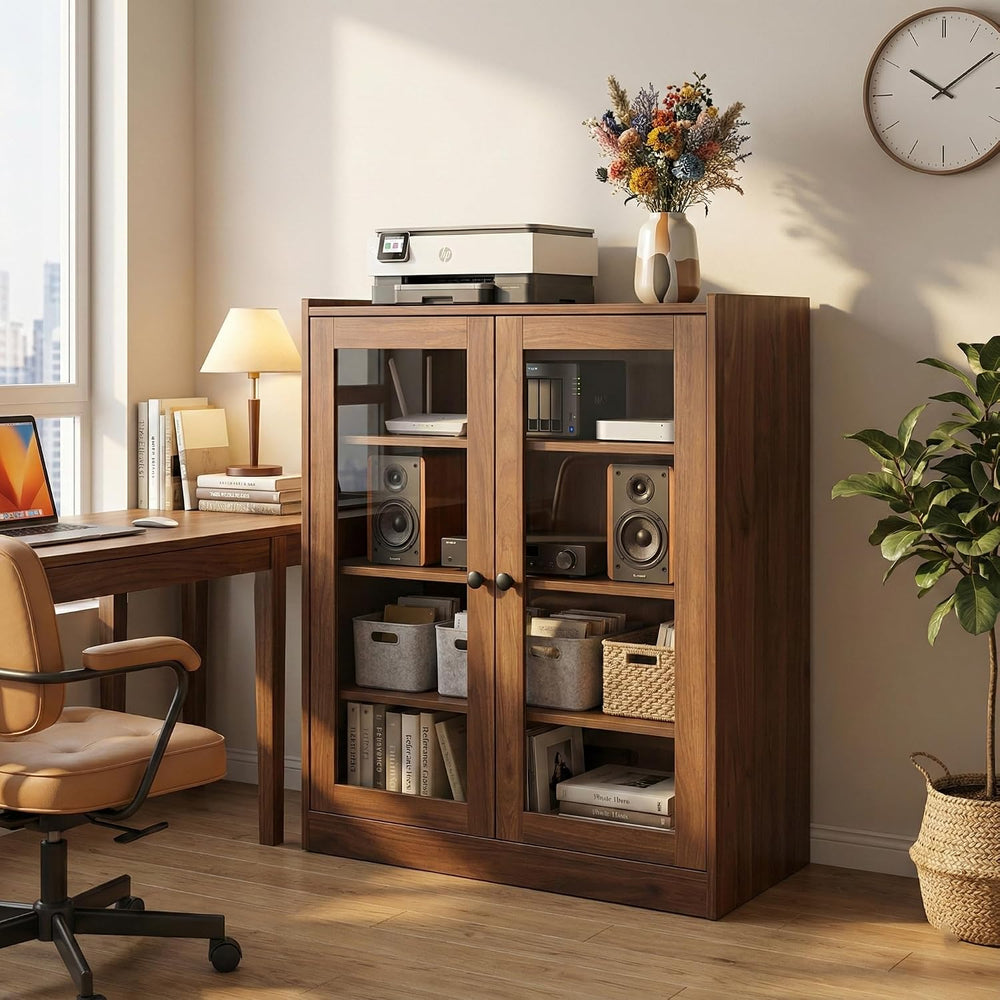 holzart Audio Stereo Cabinet with Glass Doors, 35.4" Tall Vintage AV Com...