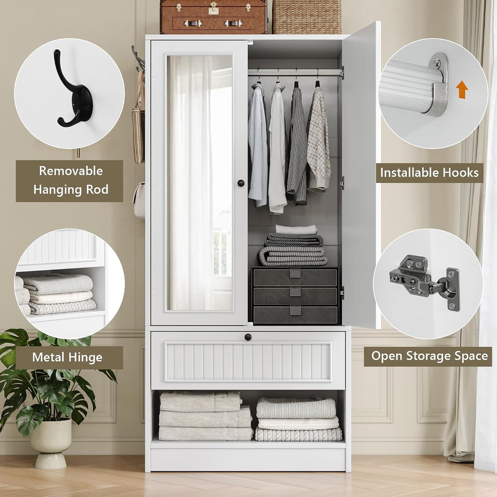 iPormis Wood Armoire Wardrobe Closet with Mirror Door and Drawer, 2 Doors Bed...