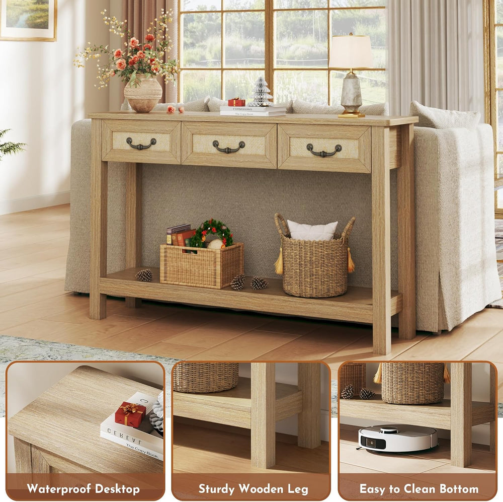 HUAHUU 47.2" Console Table with 3 Rattan Drawers, Long Sofa Table with S...