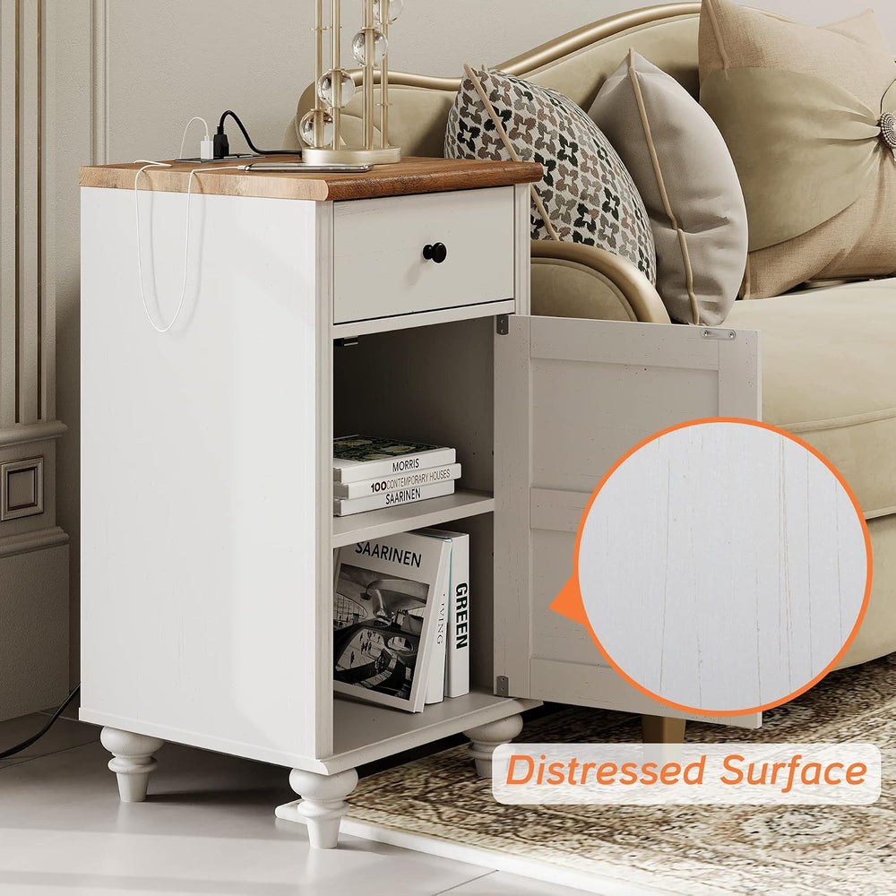 WAMPAT White End Table with Charging Station, Nightstand with Power Outlets &...