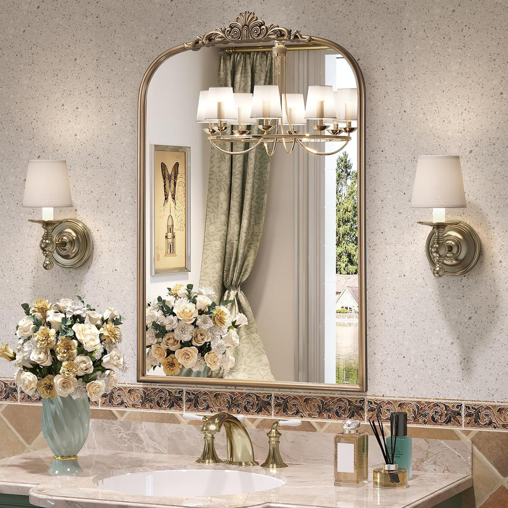 24" x 36" Antique Gold Arched Mirror for Wall, Baroque Vintage Bras...