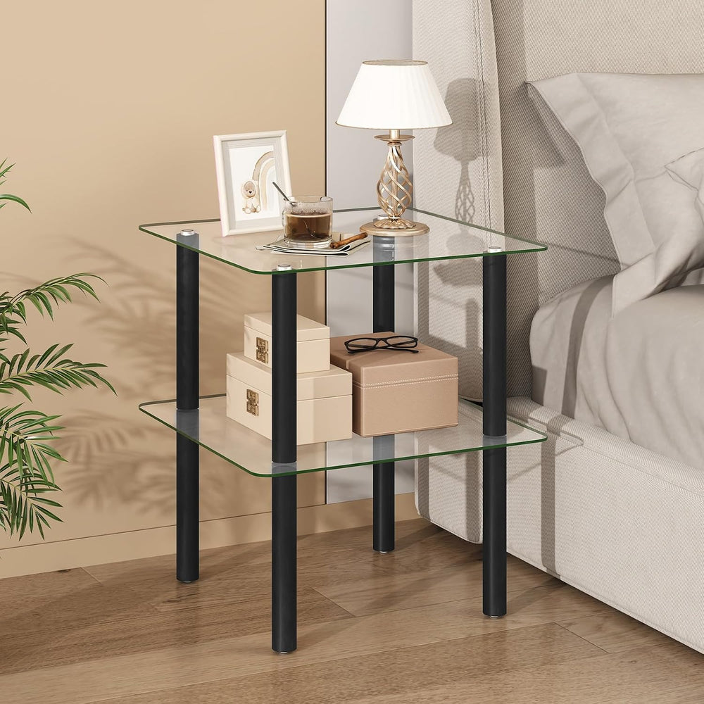 Giantex Square End Table, 2-Tier Sofa Side Table with Clear Tempered Glass To...