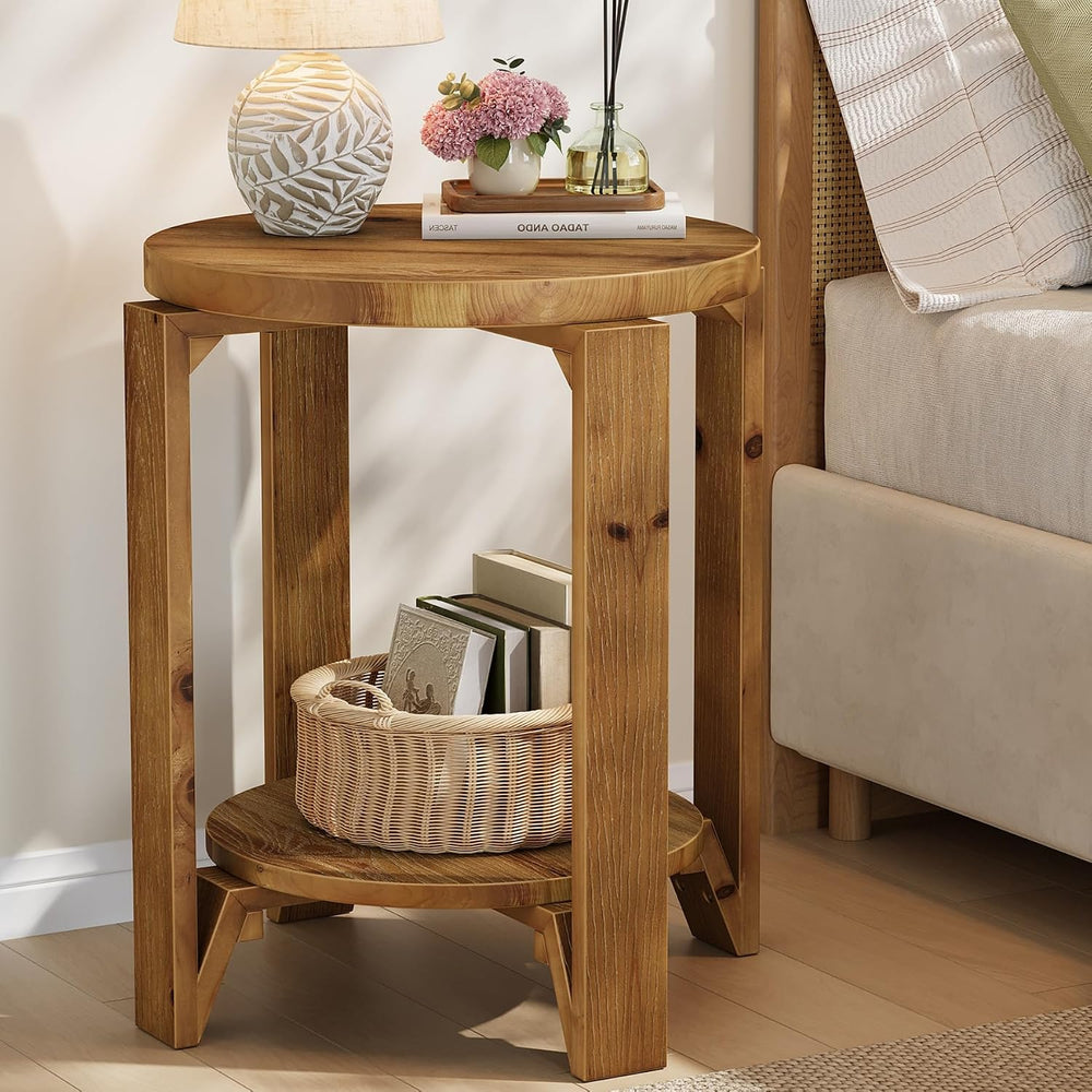 Solid Wood End Table, 2-Tier Round Wood Side Table for Living Room, Farmhouse...