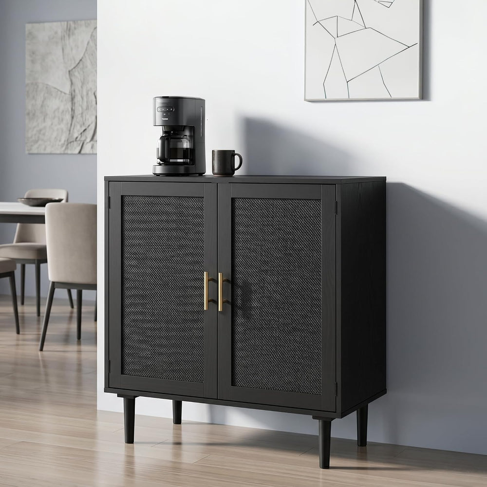 Finnhomy Sideboard Buffet Kitchen Storage Cabinet with Black Painted Rattan D...