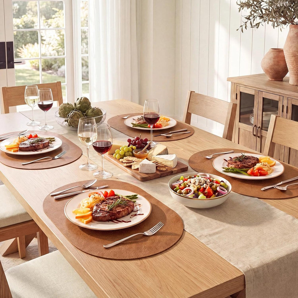 MOSAYT Vinyl Faux Leather Oval Placemats, Set of 8, Reddish Brown