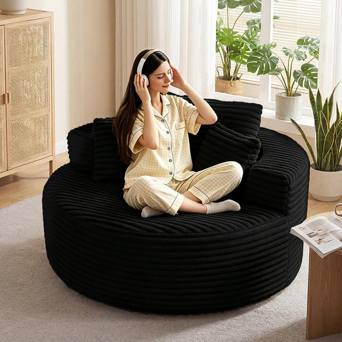 Oversized Chaise Lounge Chair Indoor, Boneless Sleeper Sofa Bed with Pillows, Deep Seat Sleeper Couch Reading Chairs, Cloud Sofas Couches for Living Room (Black, Round-50in)