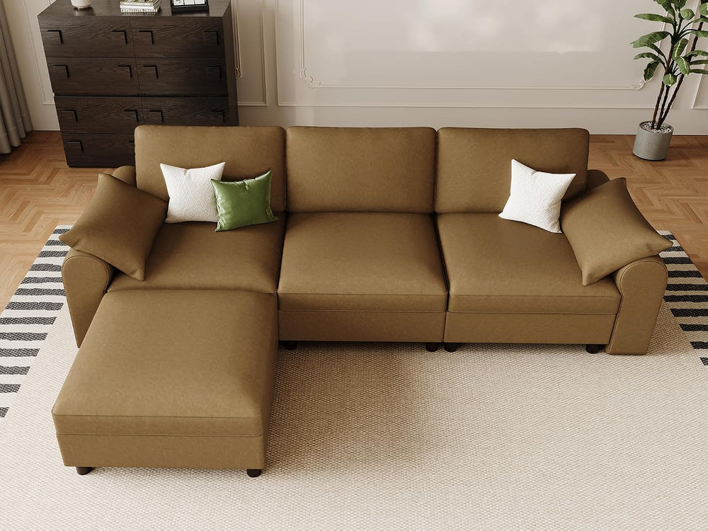 EASE MOOSE Leather Sectional Couch, L Shaped Modular Sectional Sofa, Brown | ...