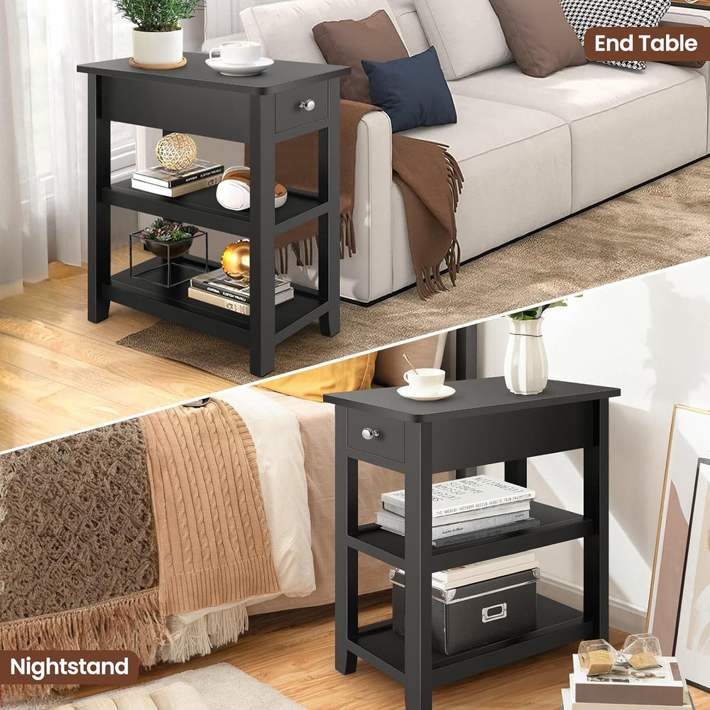 Homdox Narrow Side Table, 3 Tier Sofa End Table with Drawer and Shelf for Liv...