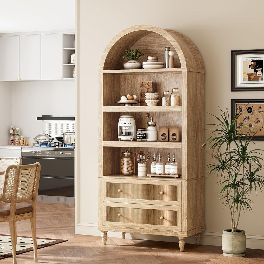 INNOD 72" Tall Arched Bookshelf, 6 Tiers Arch Bookcase with Drawer, Farm...