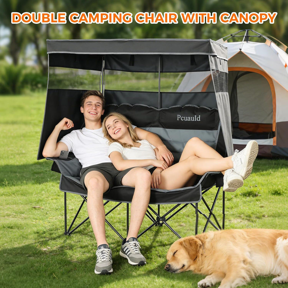 Double Camping Chair with Canopy Heavy Duty 2 Person Folding Loveseat Beach C...
