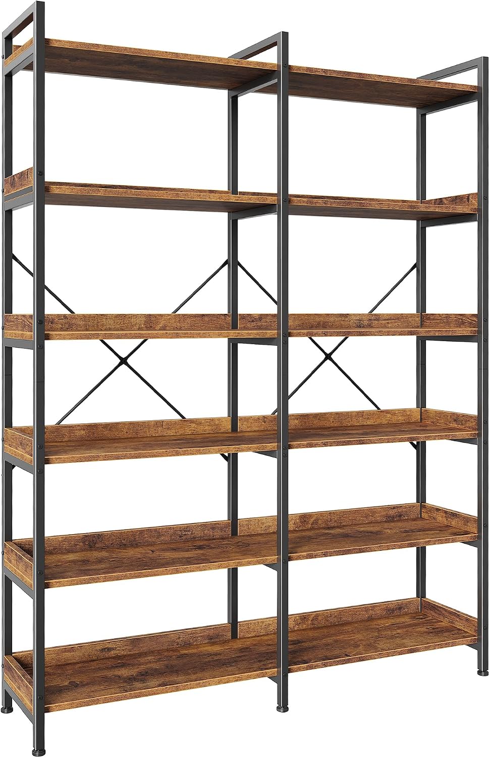 Huuger 6 Tier Bookshelf with 12 Open Shelves and Raised Baffle, Rustic Brown
