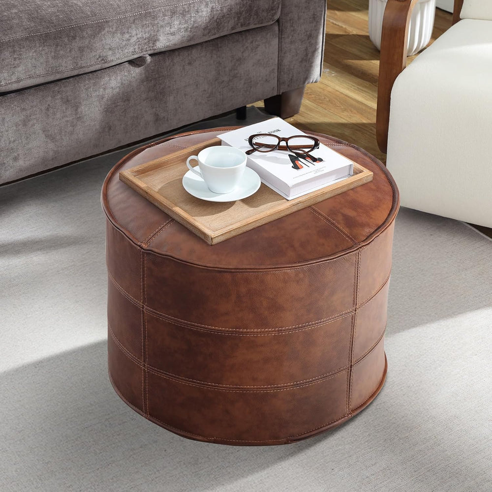 Leather Ottoman,Handmade Stuffed Square Ottoman,Genuine Leather Pouf, Foot Re...