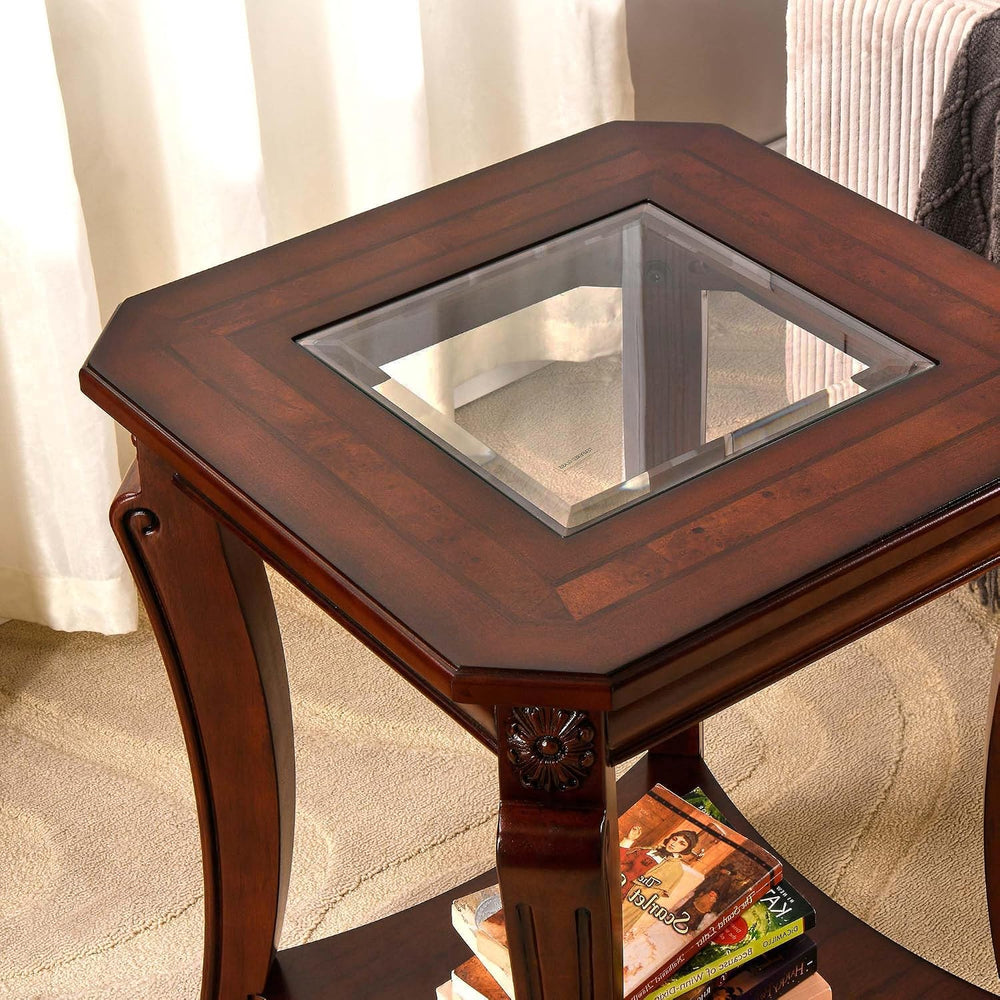 PADMA HOUSE Set of 2 Solid Wood Small End Table with Glasstop, Vintage Square...