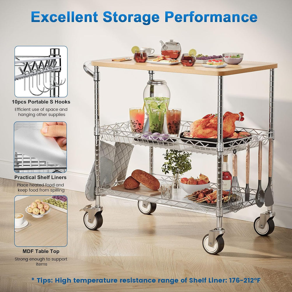 Leteuke Rolling Kitchen Carts with Wheels, 34" L x 17.5" W, 3-Tier ...