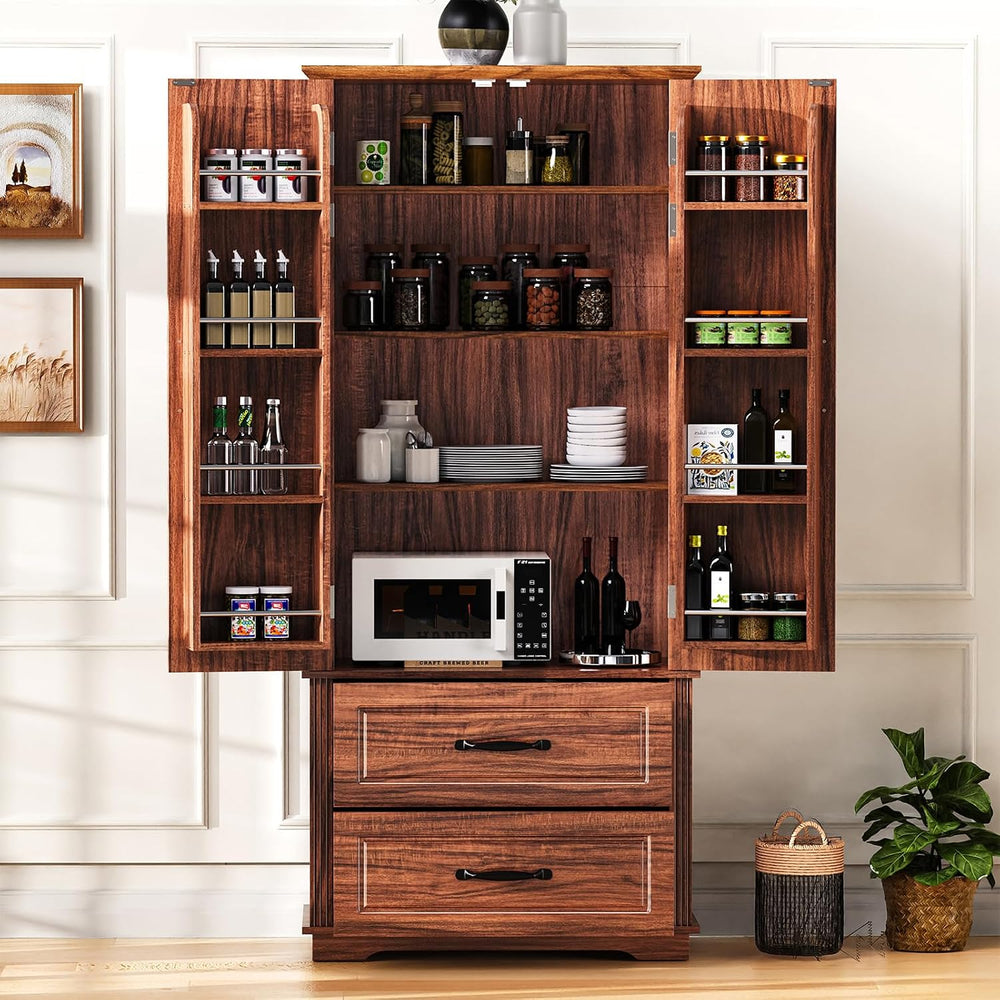Pantry Cabinet with 2 Large Drawers, Embossed Texture Freestanding Cupboard w...