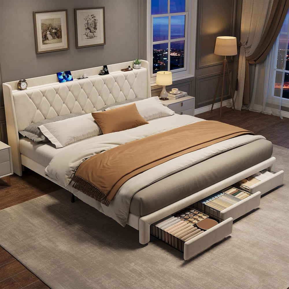 Garvee King Size Bed Frame with Storage, Velvet Upholstered Platform Bed Fram...