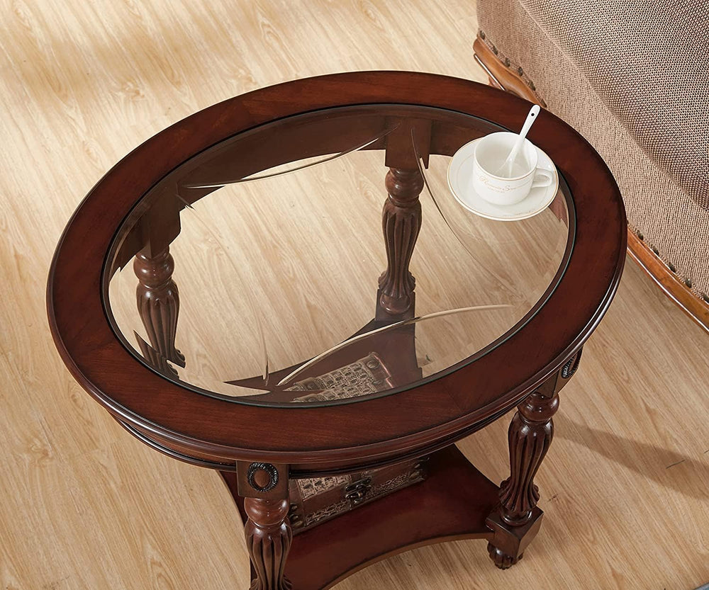 Vintage Solid Wood Oval End Table with Tempered Glass Top, 28"x24" ...
