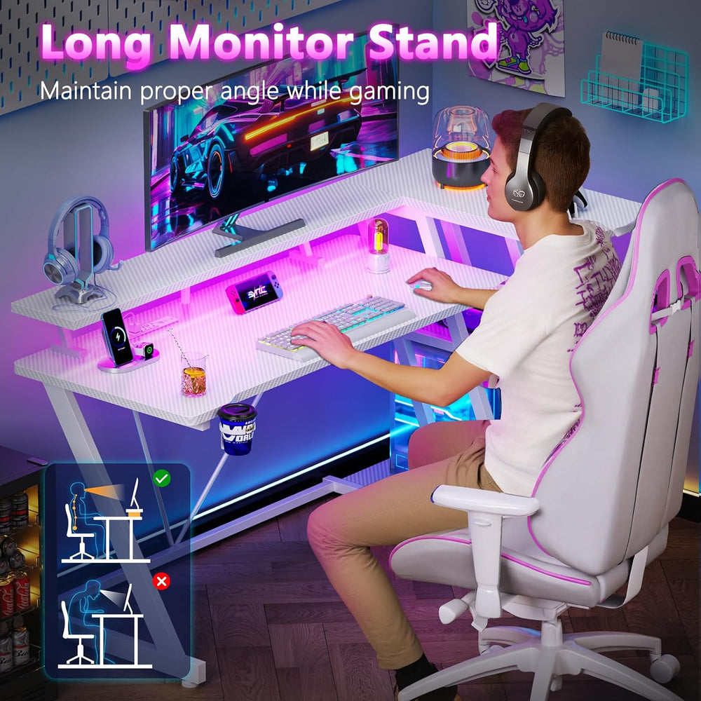 Korfile 55 Inch Gaming Desk with Power Outlet, LED, Carbon Fiber White