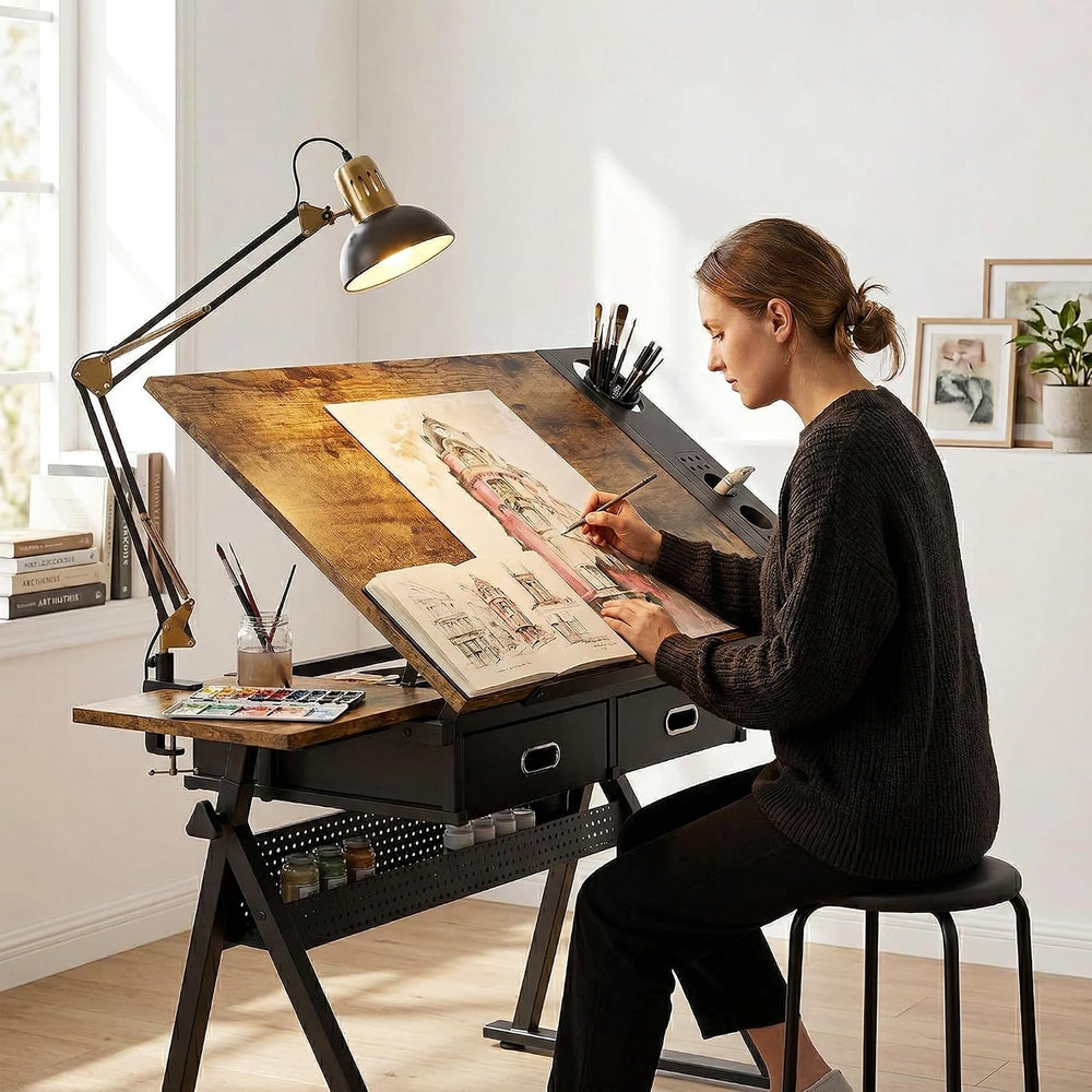 Industrial Minimalist Drafting Desk with Stool | Adjustable Tilting Artist Ta...