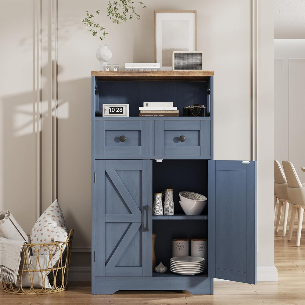 FiveWillowise Farmhouse Blue Storage Cabinet with Barn Doors and Drawers, Sma...