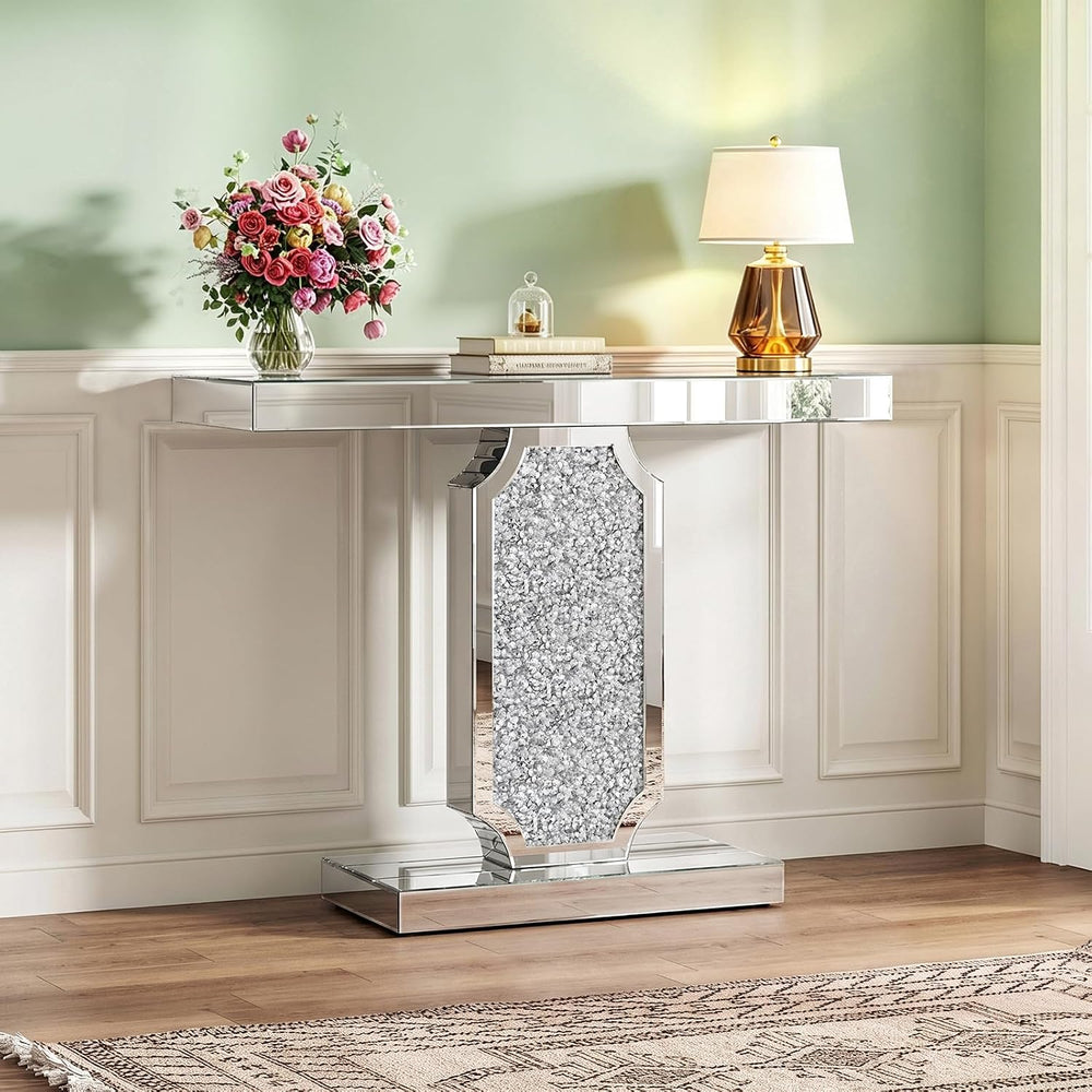 Silver Mirrored Console Table with Crushed Diamond Inlay, 39.4'' Long...