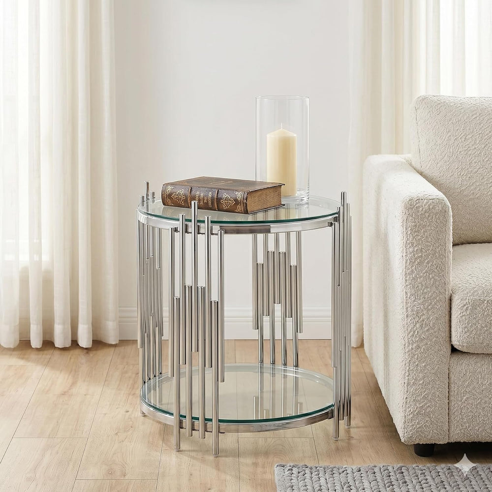 SSLine Round Glass Side Table with Silver Stainless Steel Frame Luxury Circle...