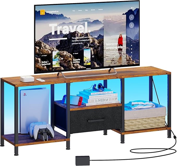 TV Stand with LED Lights, Entertainment Center with Open Shelves and Fabric D...