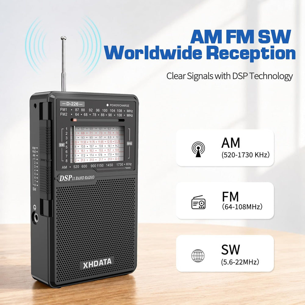 XHDATA D226 Radios Portable AM FM Shortwave, USB C & Battery Powered, Black