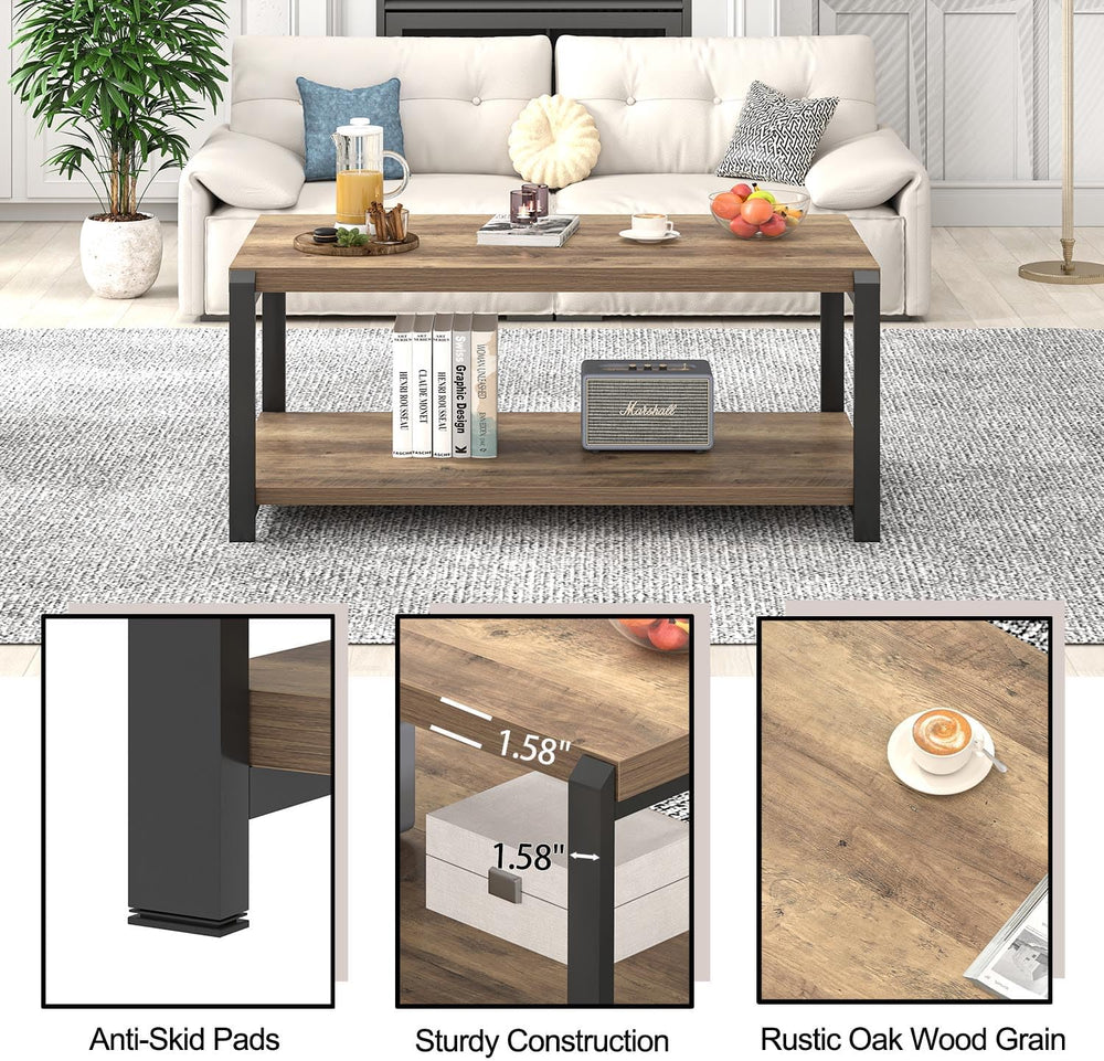 EXCEFUR Modern Coffee Table, Rustic Wood and Metal Center Table for Living Ro...