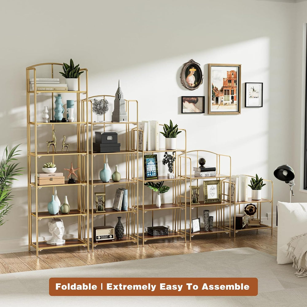 5-Tier Foldable Bookshelf, Gold Frame & Walnut Shelves