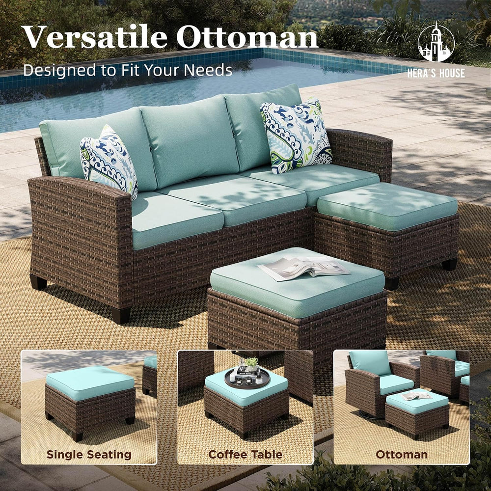 HERA'S HOUSE Outdoor Wicker Ottoman Set of 2, Patio Footstool Footrest Se...