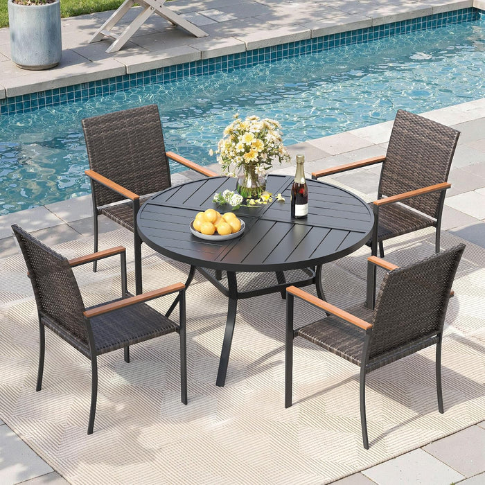 Round Patio Dining Set for 4, Outdoor Furniture Set of 40.6" Round Metal Table with Umbrella Hole and Stackable Wicker Patio Chairs for Backyard Lawn Garden, Walnut Chairs, Black Table
