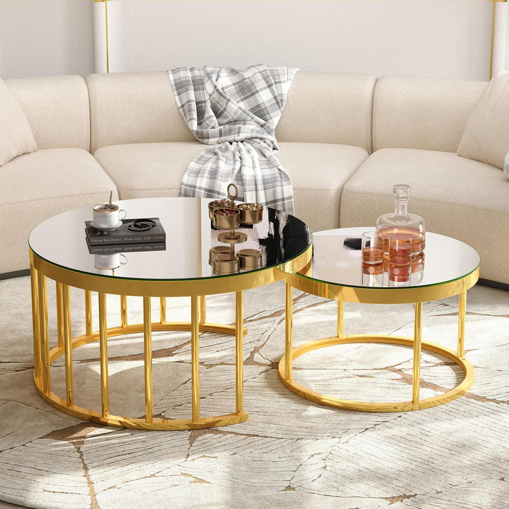 JIVOIT 2-Piece Round Nesting Coffee Table Set with Gold Metal Frame | Modern ...
